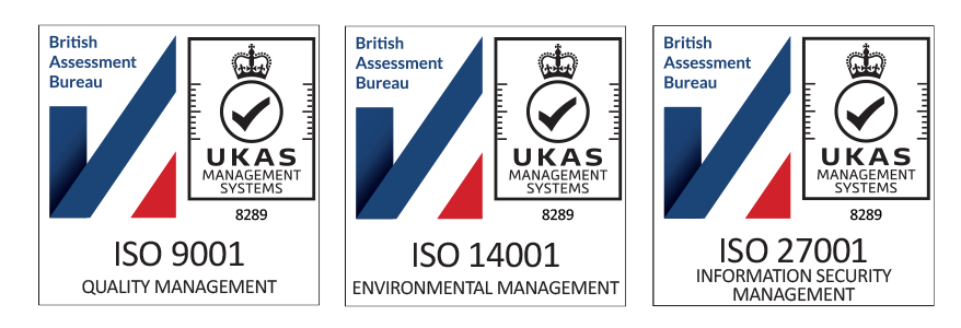 ISO 9001 Quality Management, ISO 14001 Environmental Management, ISO 27001 Information Security Management